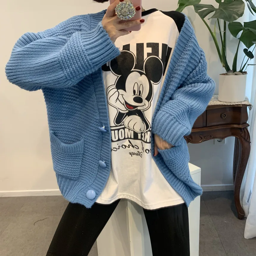 

HziriP OL Outwear V-neck Loose Sweater Women Tops 2021 New Autumn Winter Elegant Lantern Sleeve Knitted Cardigan Female Sweaters