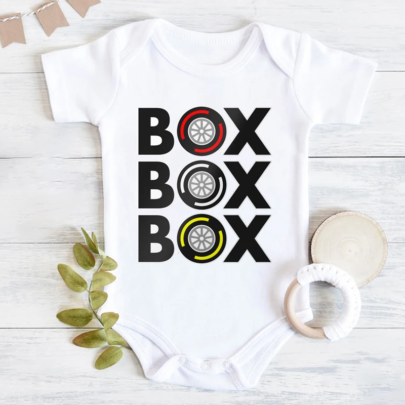 "Box Box Box" F1 Tyre Compound Design Newborn Bodysuit Short Sleeve Jumpsuit Baby Clothes Simple Nursing Toddler Shirt Romper