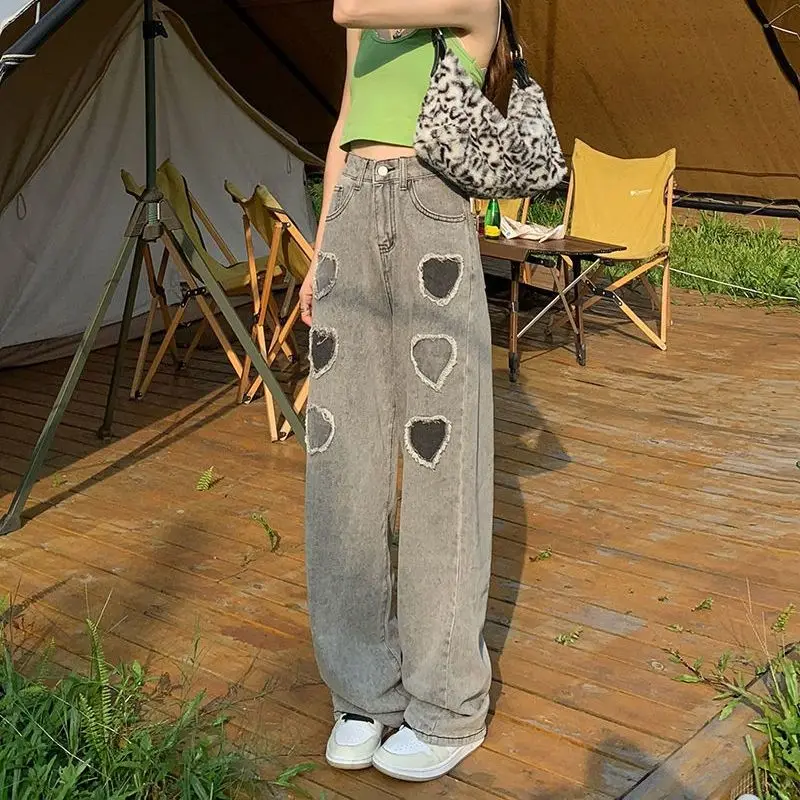 

Graphic Jeans Woman High Waist Heart Pants Cowboy Cute Vintage Jeans Korean Fashion Denim Pants Grey Loose Wide Leg Jeans Women