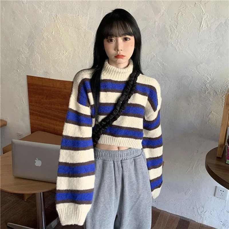 

2021New Style Women Sweaters Pullovers Short Patchwork Jumpers Retro women Sexy Loose Soft All-match Knitted Sweet Streetwear