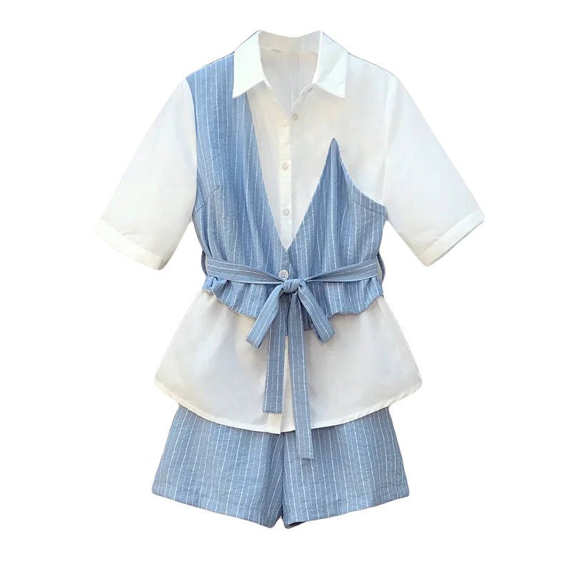 

2021 New Hit Summer Tracksuit For Women Short Sleeves Printed Shirt + Blue Wide Leg Pants Ladies Suits Female Clothing