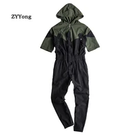 summer high street mens short sleeve jumpsuit hip hop loose hooded stitching style casual overalls cargo pants black trousers