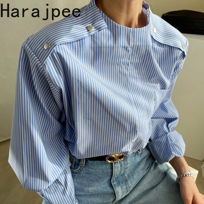 

Женская полосатая блузка Harajpee в Корейском стиле, шикарная Весенняя блузка с воротником-стойкой, металлическими пуговицами и пэчворком, сво...