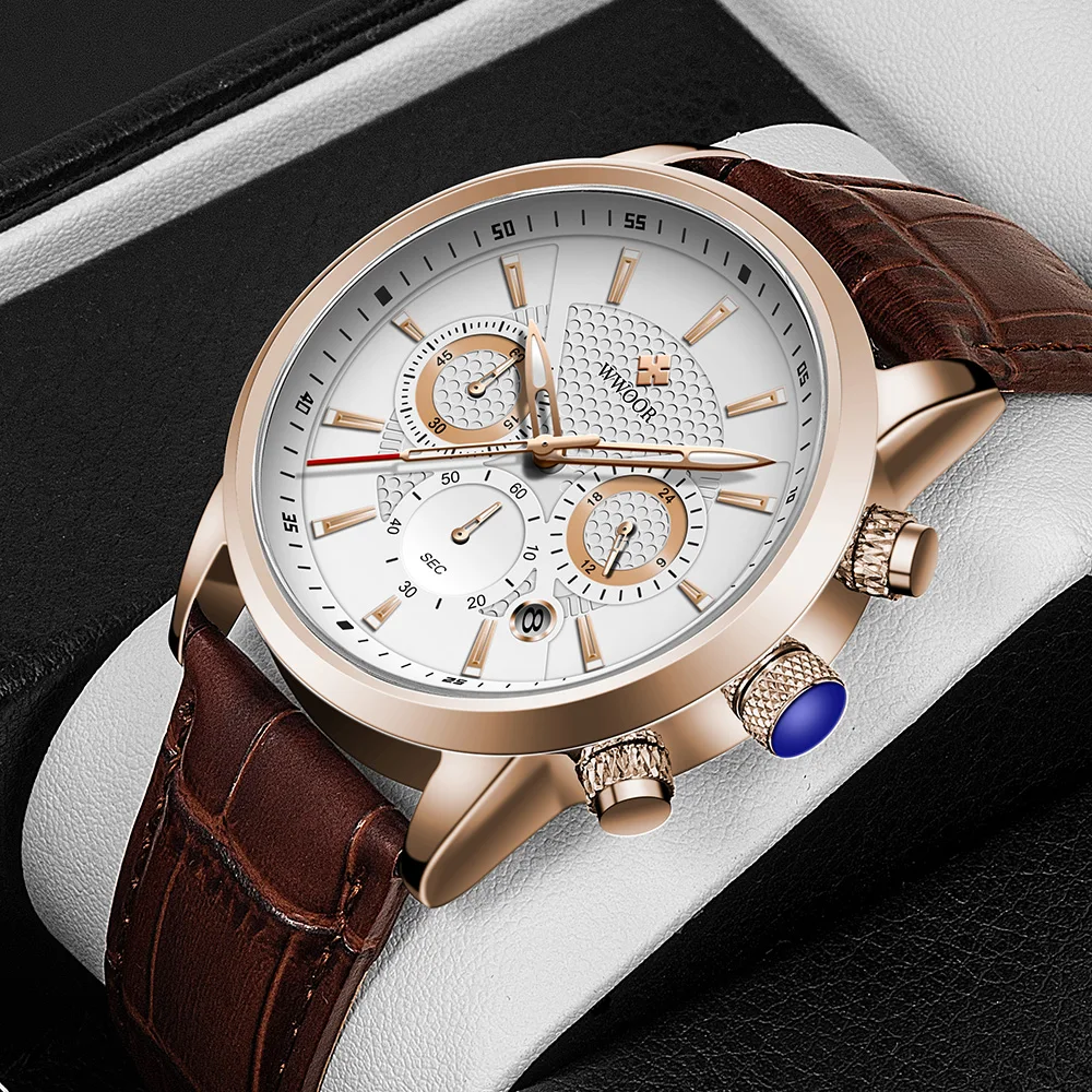 2021 New WWOOR Men's Wrist Watches Classic Sports Chronograph Dials Quartz Leather Wristwatches for Male Clock Date Reloj Hombre