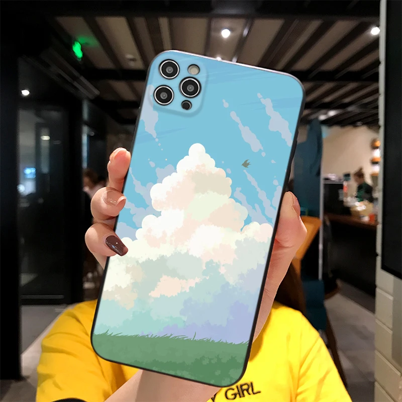 

For iPhone Watercolor Painting Sky Print Soft Matt Apple Case 6 7 8 11 12 Plus Pro X XR MAX 2021 Cover