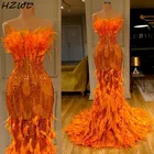 Оранжевое вечернее платье-Русалка без бретелек, с блестками