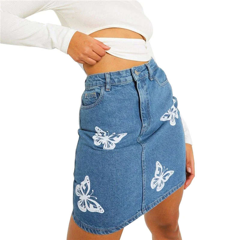 

Women Casual Denim Skirt, Adults Butterfly Print Zipper Skirt with Pockets (Blue)