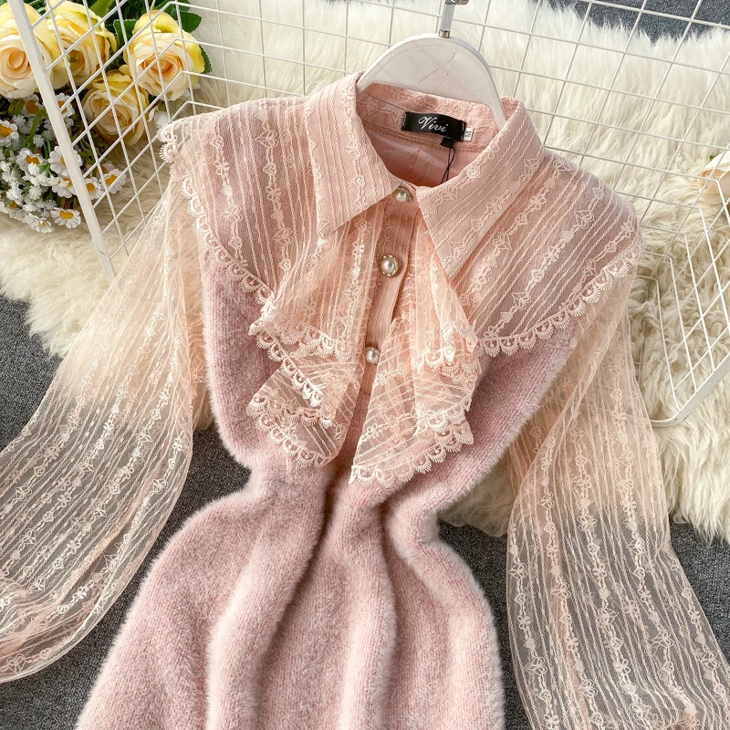 2020 Новая мода Женская одежда кружевное платье женское с пышными рукавами выше