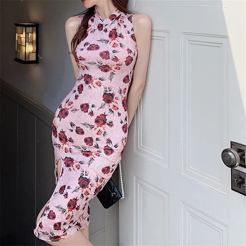 

Improved Retro Chinese Cheongsam Dress Sleeveless Rose Flower Print High Split Sexy Dress Bodycon Elegant Pencil Party Dress
