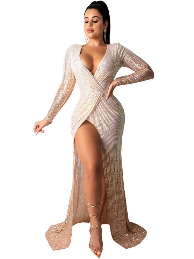 Платье для ночного клуба с длинным рукавом глубоким V-образным вырезом | Женская