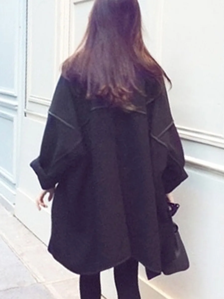

Korean Design Women Winter Long Woole Coat Elegant Black Turn Down Collar Oversized Cardigan Female Autumn Trench Coat Outwear