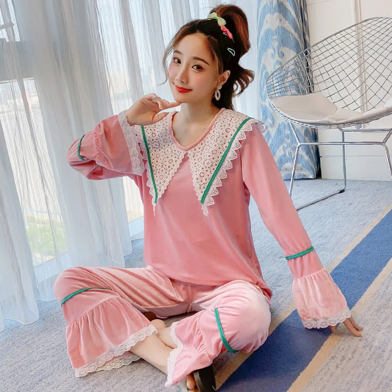 Sexy Pajamas Suit Ladies 2020 Latest Spring Autumn And Winter Gold Long-Sleeved Lace Coral Velvet Sweet Home Service | Женская одежда