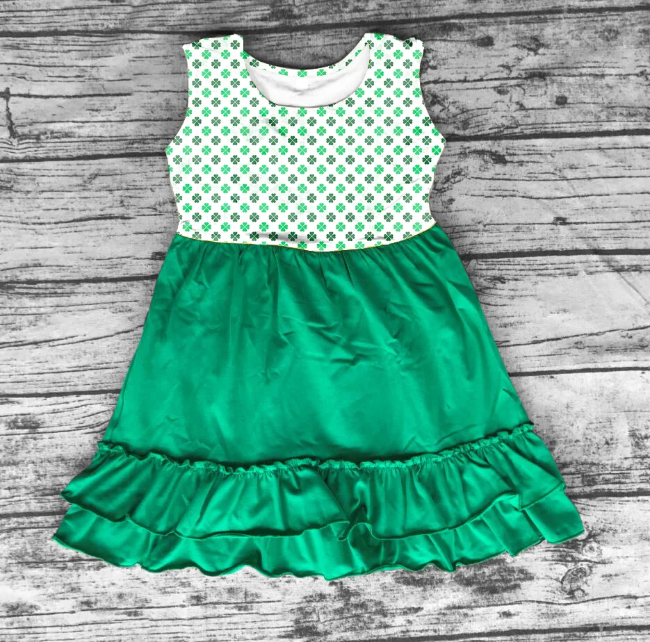 

St. Patrick's Day spring summer girls baby children clothes cotton green ruffles Shamrocks cap dress boutique knee length
