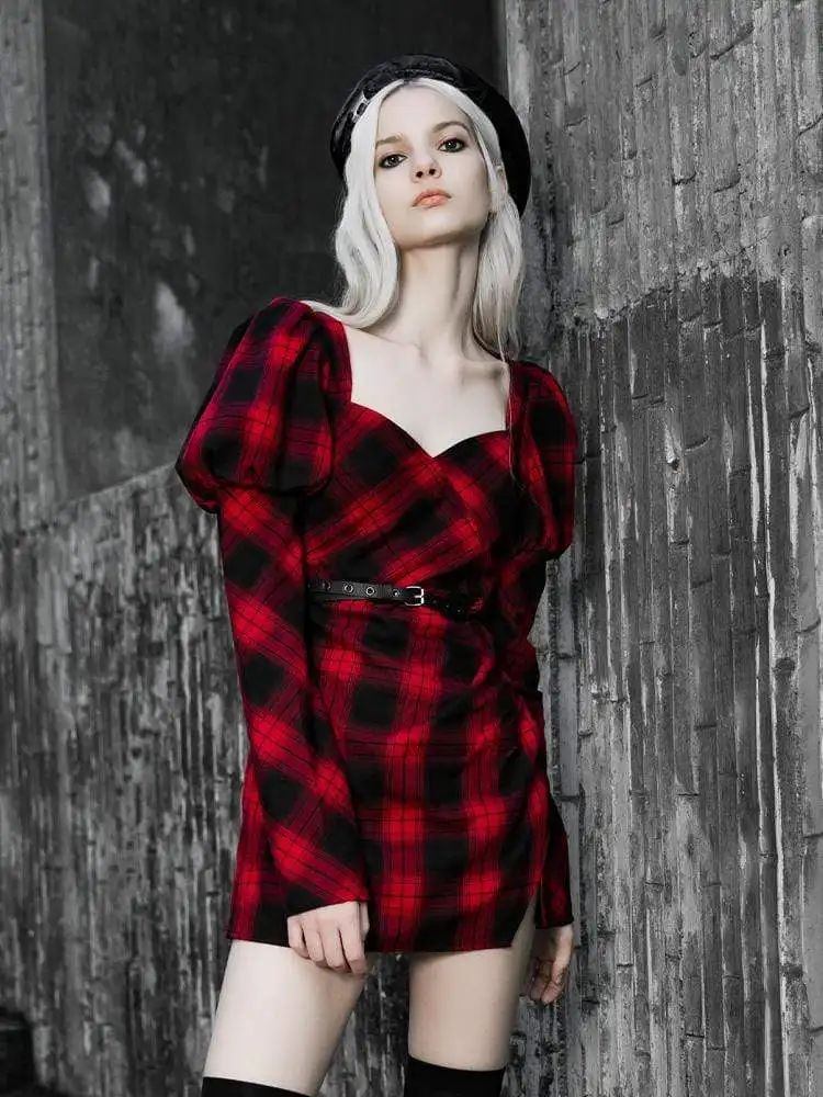 Панк Rave женщин квадратный воротник слоеного плеча плед платья с поясом PQ-735LQ |