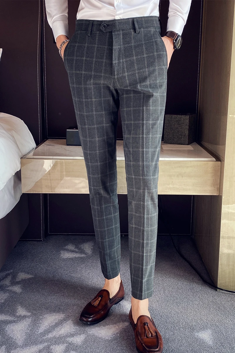 

Plaid Pants Men Spring Business Dress Pants Formal Office Social Suits Pants High Quality Classic Slim Fit Wedding Trousers 38
