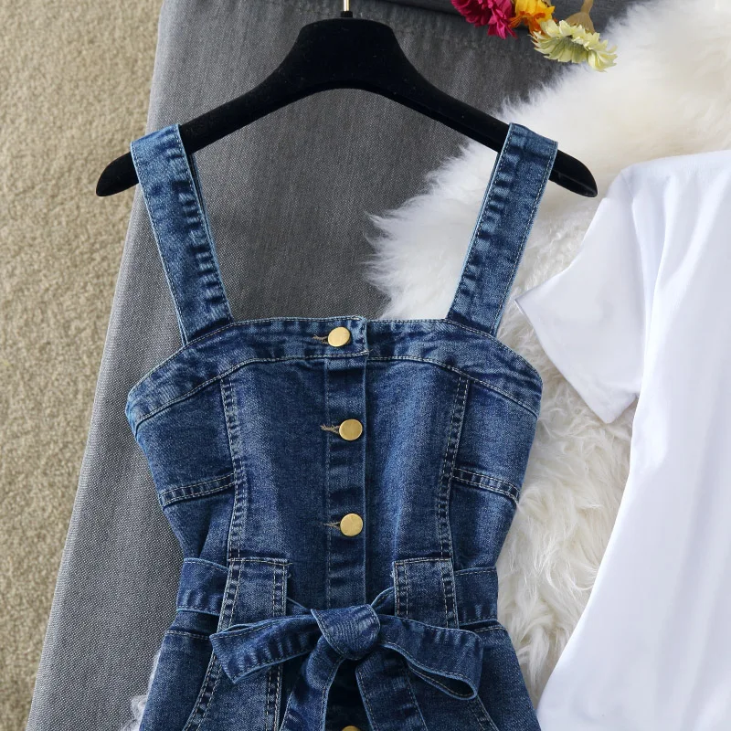 New Fashion Summer Girl Students Simple White T-shirt + Single-breasted Denim Strap Dress Twp-piece Set Women Slim Jeans |