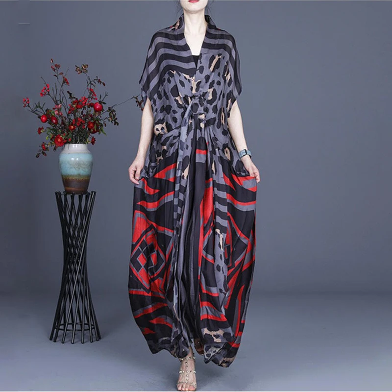 

Women Irregular Long Chiffon Dress 2021Summer New Loose Large Size Long Personality Beach Dress Female V-neck Longos Vestidos4XL