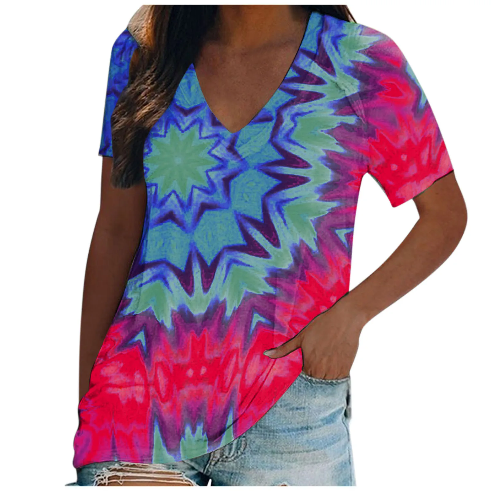 Женская свободная футболка с V образным вырезом и коротким рукавом|Футболки| |