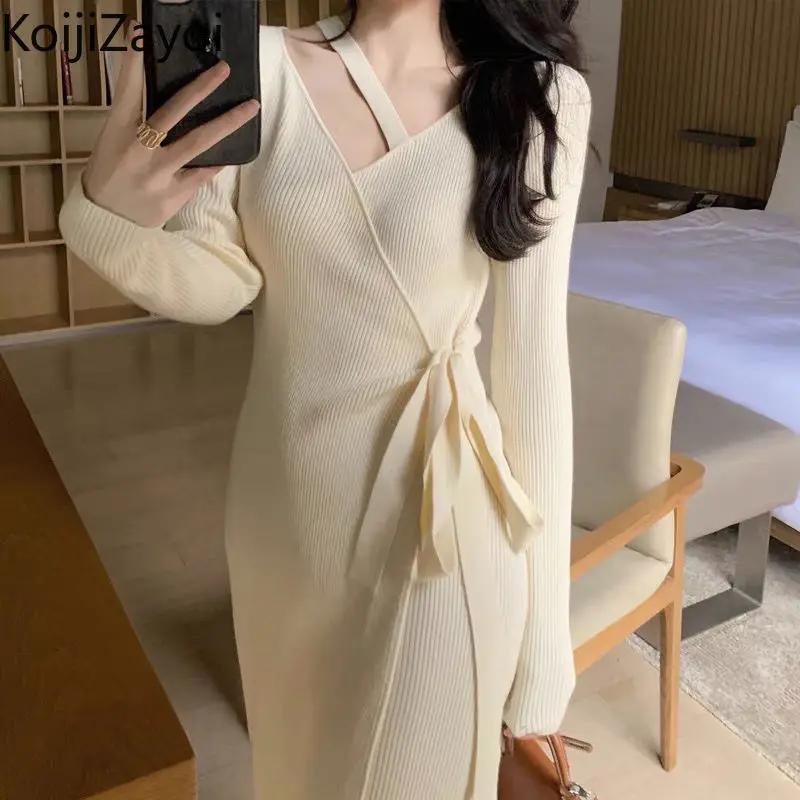 

Женское трикотажное длинное платье Koijizayoi, однотонное модное офисное платье на шнуровке, облегающее шикарное платье на весну-осень