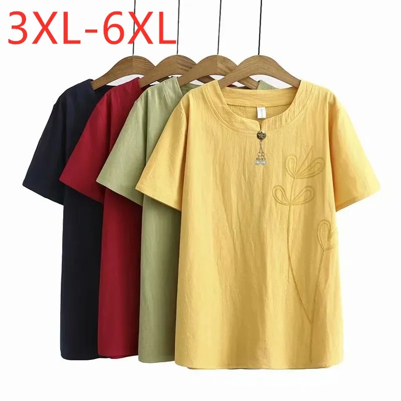 

Новинка 2021 Летняя женская обувь размера плюс Топы для женщин с коротким рукавом Свободная хлопковая желтая футболка с вышивкой и 3XL 4XL 5XL 6XL