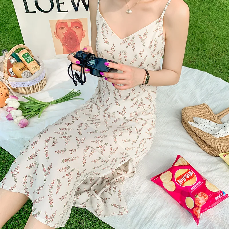 

Bohemian Vacation Beach Dress Split Floral Print Chiffon Long Women Sundress Summer Elegant Runway 2021 Party Bodycon Slip Dress