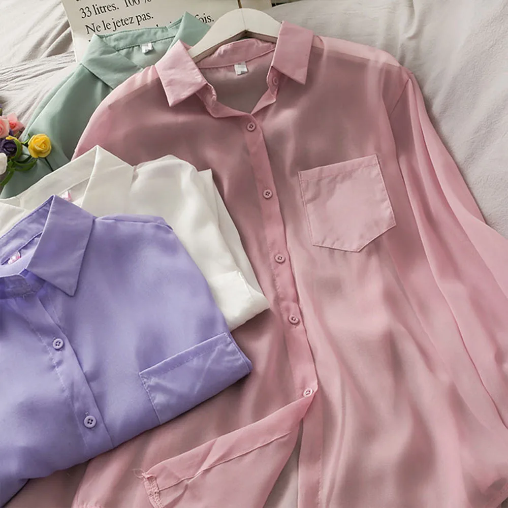 

Summer Sexy See Through Blouse Ladies White Transparent Long Sleeve Turn-Down Buttons Tops Shirts Women Chiffon Shirts