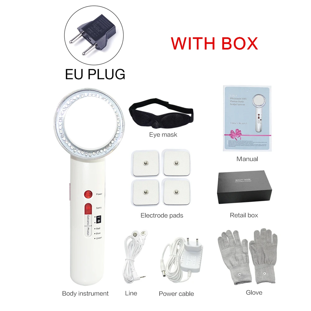 EU plug with box 7 в 1 Липо кавитационная ультразвуковая машина для похудения тела Массажер для потери веса сжигатель жира Гальваническая инфракрасная ультразвуковая EMS терапия - Цвет: EU plug with box