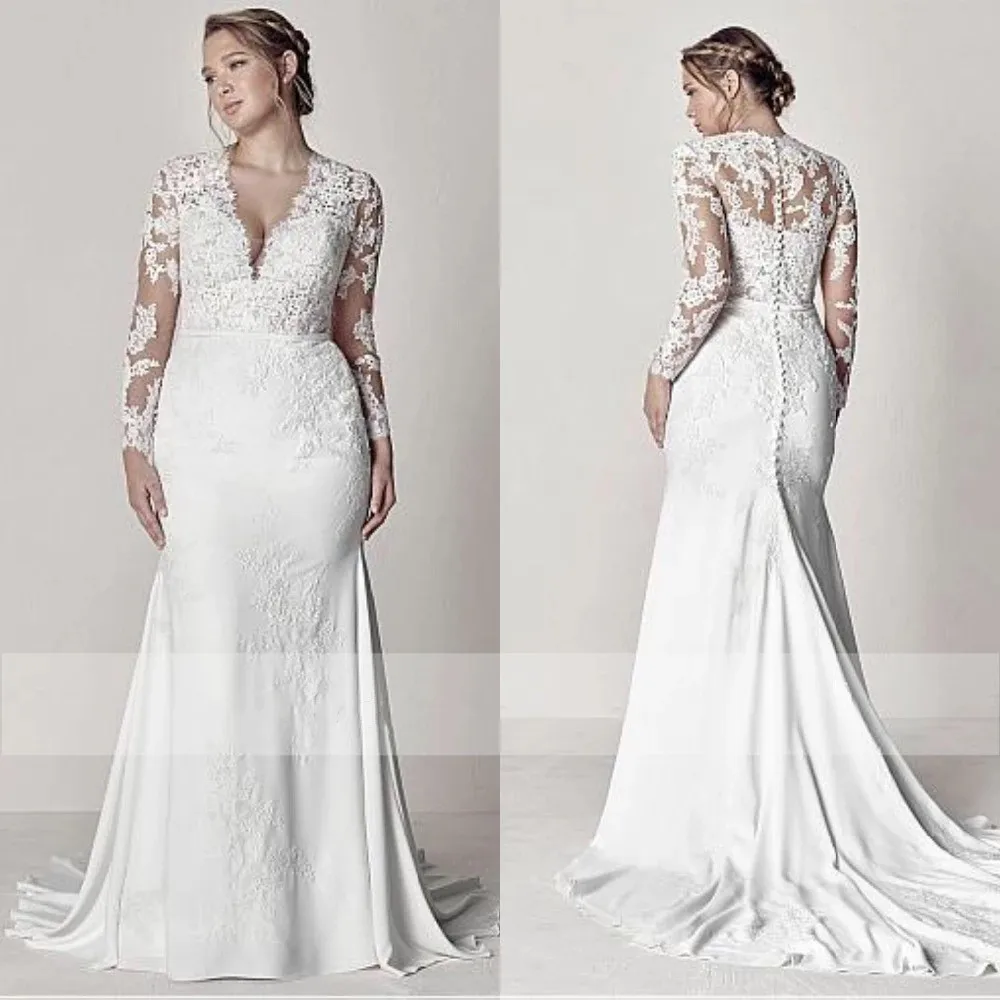 

Modest V-Neck Lace Wedding Dresses Long Sleeve Illusion Appliques Mermaid Plus Size Bridal Gowns 2019