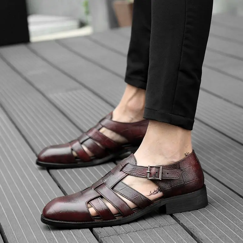 Мужские сандалии на квадратном каблуке Коричневые босоножки из натуральной кожи