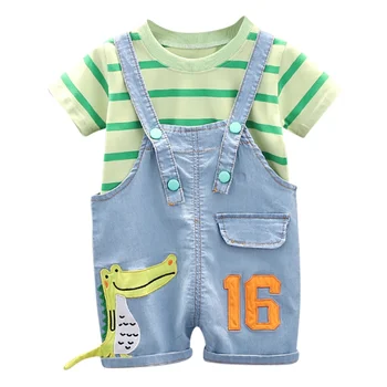 Newborn Kid Baby Boy Clothes Set 0-5T Striped Round Neck T-Shirt Top and Denim Dinosaur Pants Overalls Cotton Summer Outfits 1
