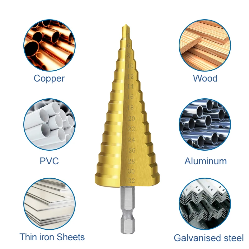 Набор ступенчатых Сверл из быстрорежущей стали 4 шт. шестигранный хвостовик