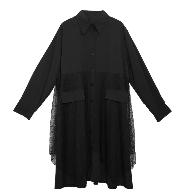 

QING MO Large size Shirt 2020 Autumn Women Patchwork Mesh shirt Personality Cardigan coat Personality Casual Loose BlackLHXX48
