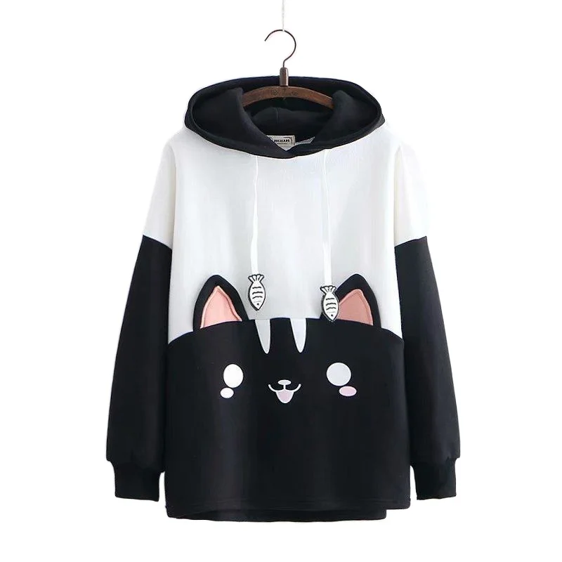 Winter Fleece Hoodies Women Harajuku Kawaii Cat Embroidery Hit Color Plus Velvet Warm Patchwork Hooded Sweatshirt 2057224