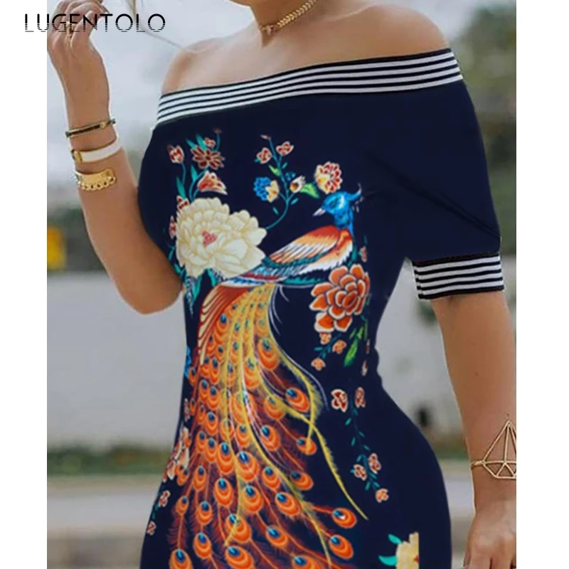

Lugentolo Summer Sexy Dress Women Slash Neck Digital Print Slim High Waist Short Sleeve Sheath Fashion Plus Size Mini Dress