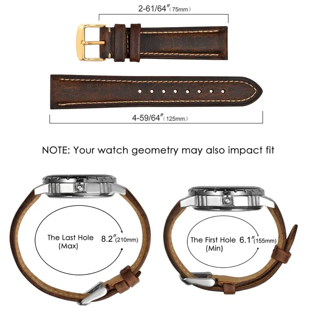 BISONSTRAP Watch Band 14mm 15mm 19mm 20mm 22mm 23mm 24mm Crazy Horse Leather Watch Strap Vintage Replacement Belt Gold Buckle