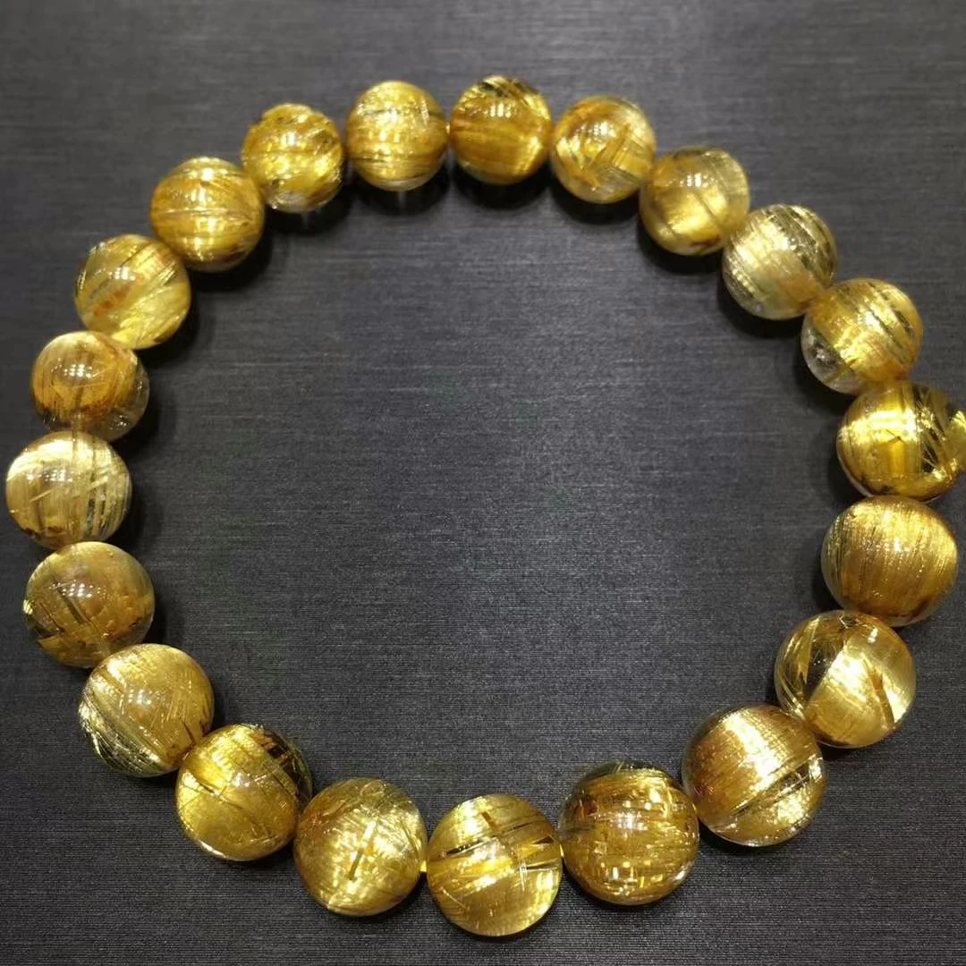 

9.5mm Brazil Natural Gold Rutilated Quartz Rare Clear Round Beads Bracelet Women Men Fashion Bead Wealthy Stone AAAAAAA