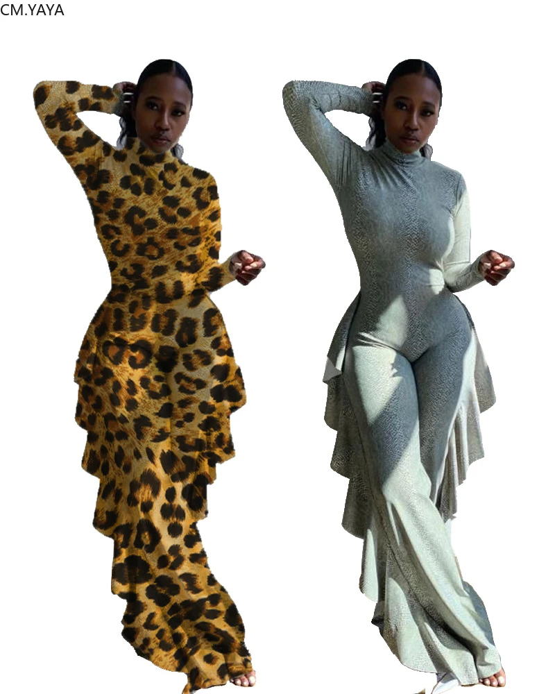 GL женский зимний комбинезон осень длинный рукав Леопардовый принт оборки