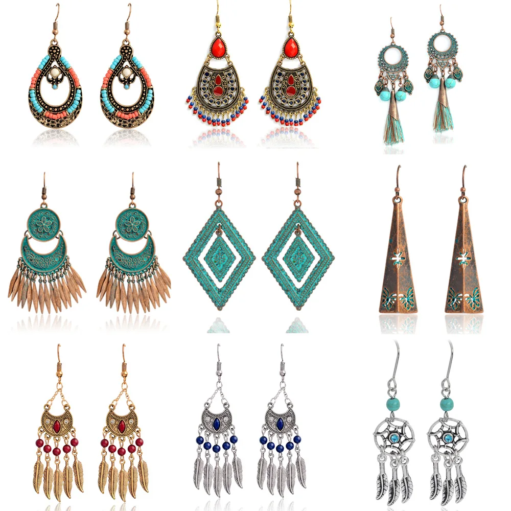 Винтажные богемные медные серьги с кисточками капли круглые капельки перьями