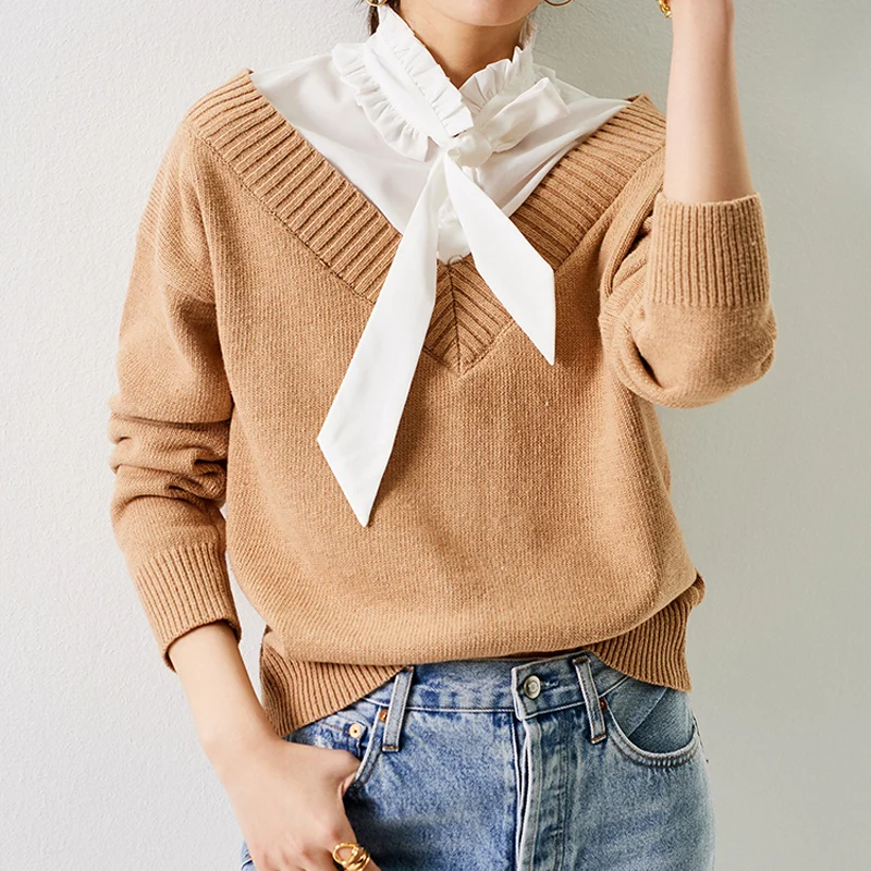 

Women Sweater 2020 Spring/Summer Lady Ruffle Lace Up Two Knit Women Pullover