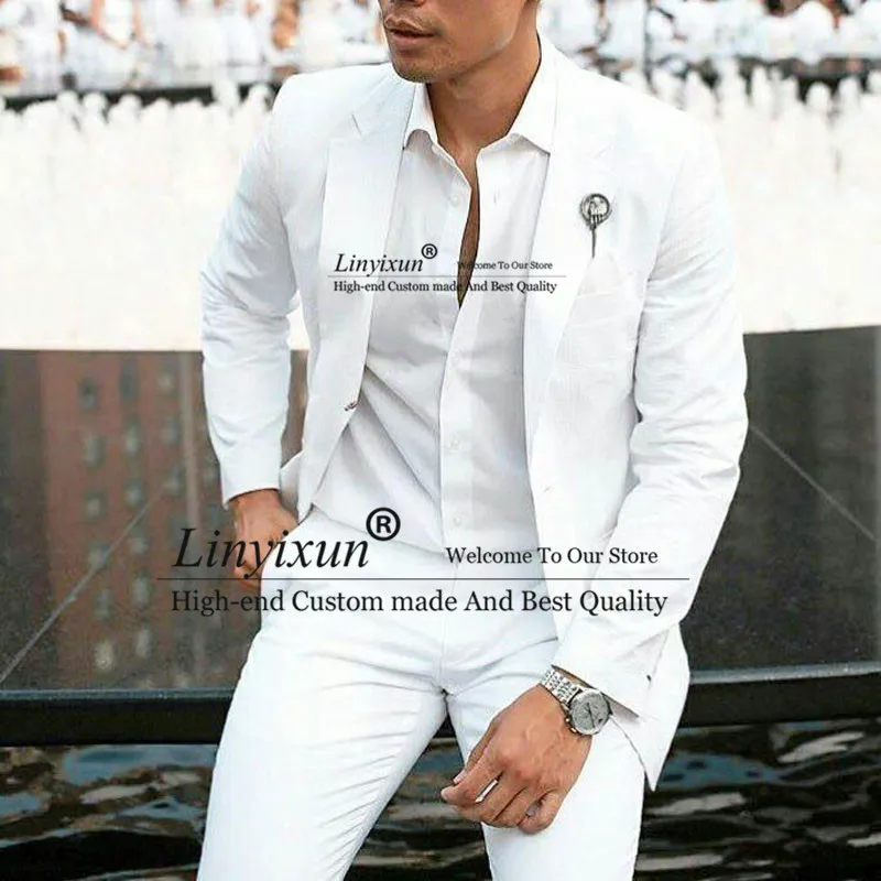 

White Linen Men Suits for Wedding Suits Man Blazer Latest Design Groom Tuxedo 2 Piece (Coat+Pants) Slim Fit Terno Masculino