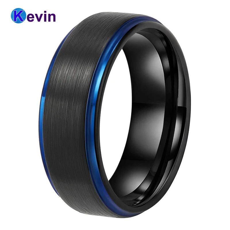 Мужские черные вольфрамовые кольца обручальные для женщин с синими ступенчатыми