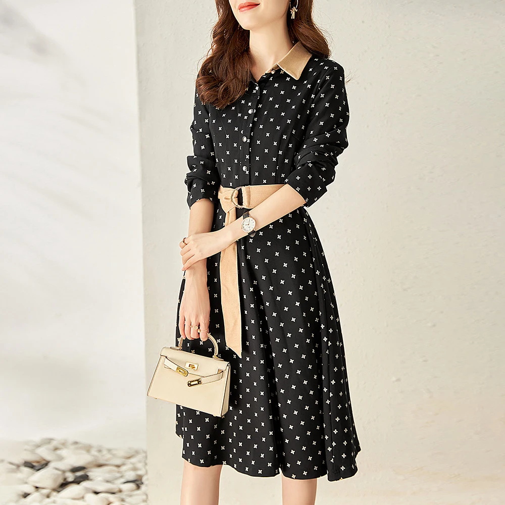 

Vintage Black Polka Dot Shirt Dress Belted Long Sleeve Midi Dresses For Women Autumn Casual Floral Dress Elegant Ladies Clothes