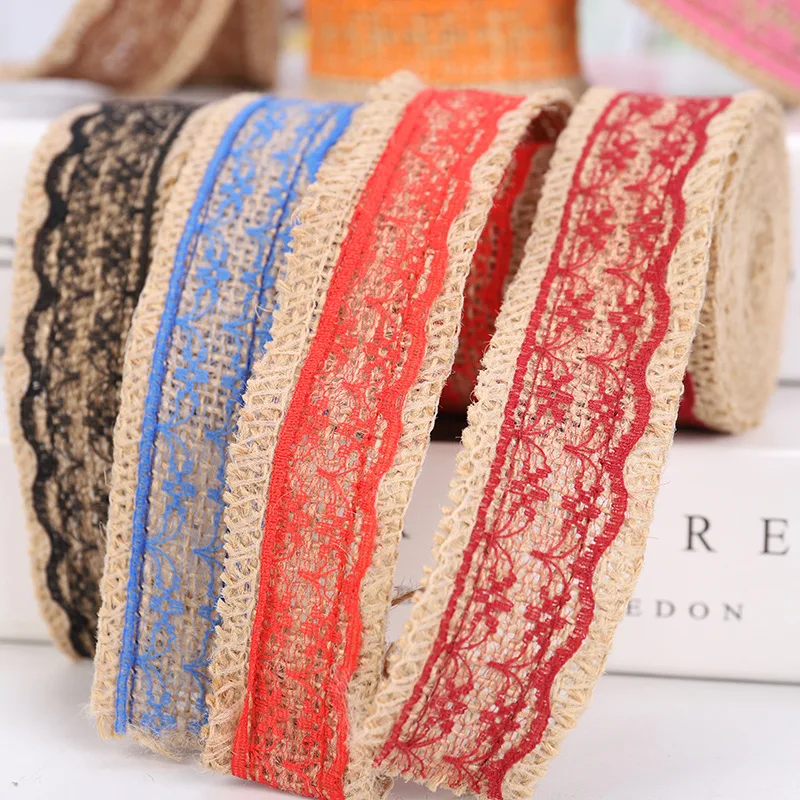 

2meters 3cm Wide Natural Jute Burlap with Lace Ribbon for Arts Crafts Wedding Cake Rustic Decorations