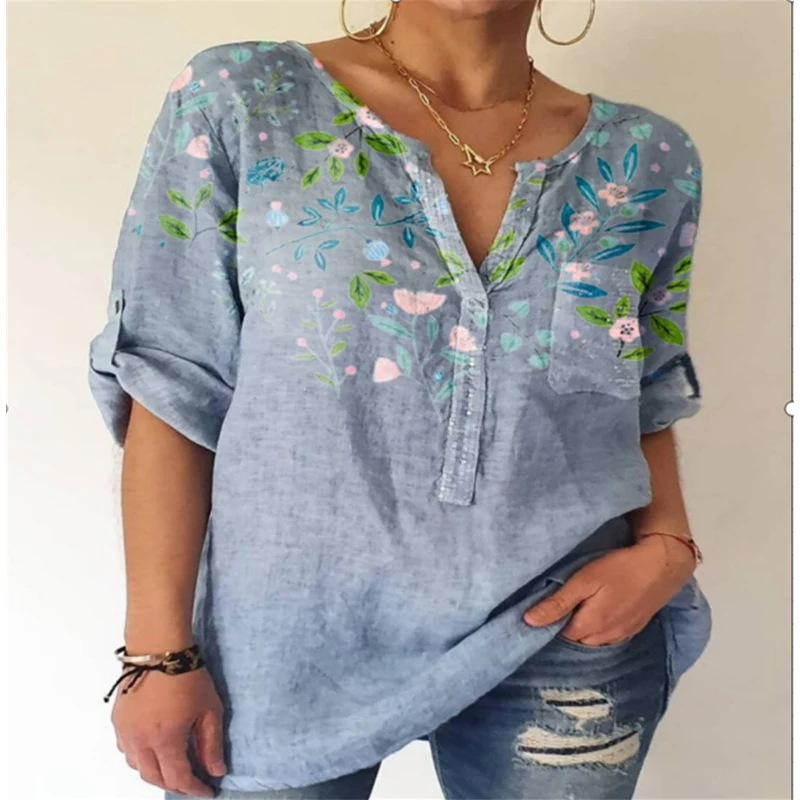 

2021 Lady Print Shirt Breathable Shirts Women Elegant V-Neck Long Sleeve Top Casual Loose Streetwear Blusa All-Match Tops