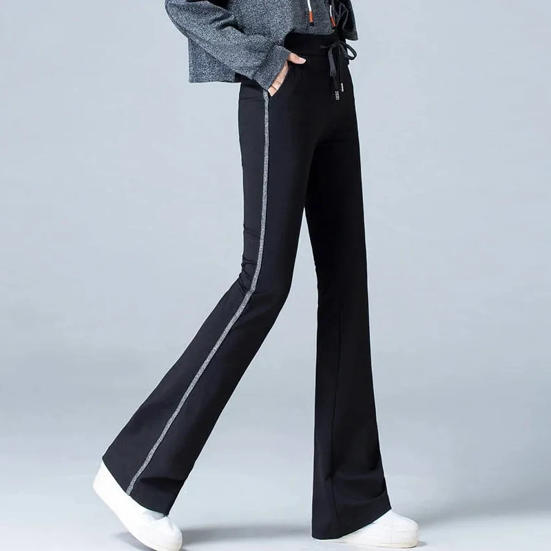 

Fashion Side Stripe Drawstring High Waist Flare Pants Women Korean Style Slim Bell Bottom Pants Casual Sweat Trousers Female