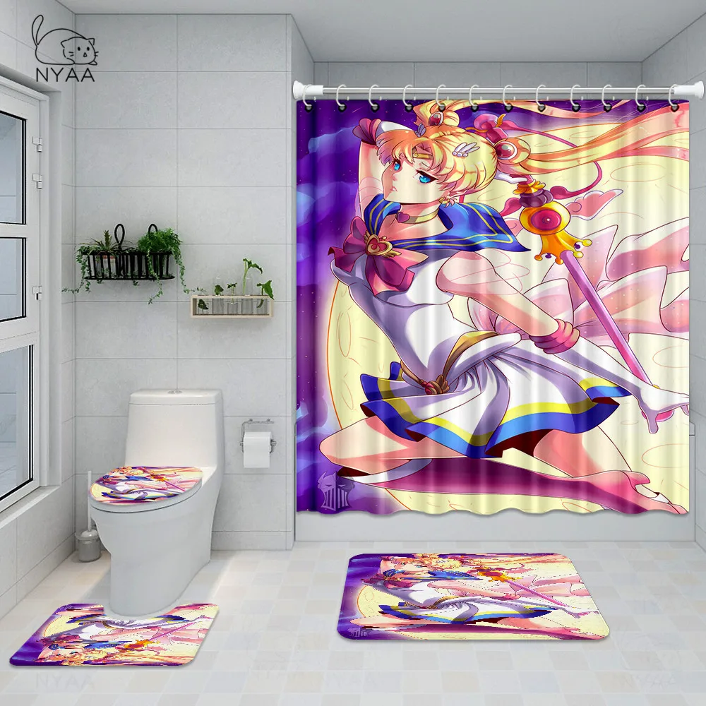 

Japanese Anime Bathroom Set Sailor Moon 3D Waterproof Shower Curtain Toilet Cover Mat Non Slip Rug With 12 Hooks