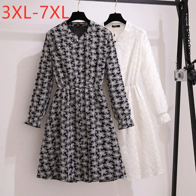 

Chinese Style Autumn Plus Size Dresses For Women Large Loose Long Sleeve Black Floral Print Midi Dress 3XL 4XL 5XL 6XL 7XL