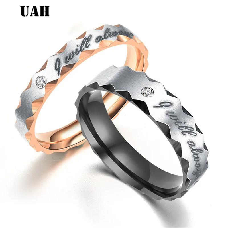

UAH Rose Gold Black Color CZ Wedding Rings Lover's Cubic Zirconia Stainless Steel Romantic Ring Jewelry USA Size
