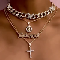 iced out crystal butterfly cuban link choker necklace golden multilayer cross portrait pendent metal long chain necklaces jewely