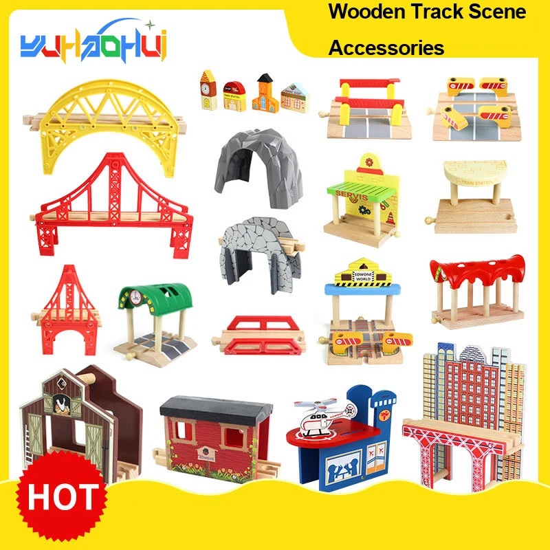 

Wooden Track Bridge Railway Station Tunnel Cross Road Accessories Compatible With Most Brands Of DIY Children'S Educational Toys
